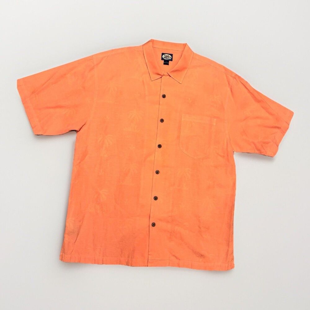 Tommy Bahama Orange Hawaiian Camp Shirt Men’s Large 100% Cotton Palm Jacquard